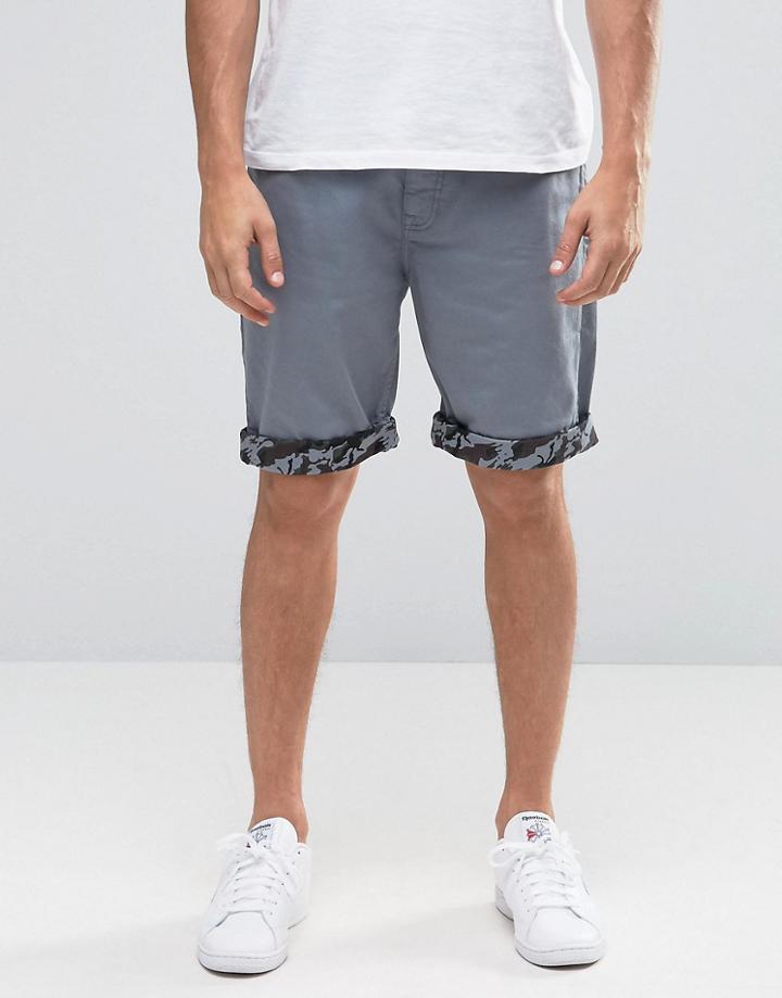 Asos Denim Shorts In Stretch Slim Blue With Camo Turn Up - Blue