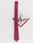 Asos Design Slim Tie & Printed Pocket Square In Burgundy - Red