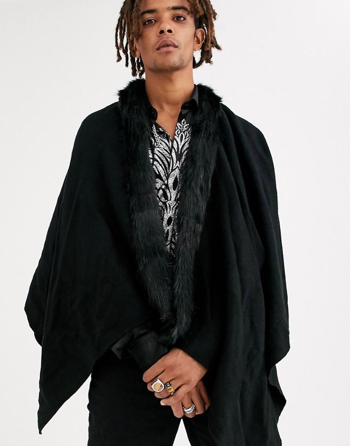 Asos Design Black Woven Cape With Faux Fur Trim