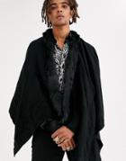 Asos Design Black Woven Cape With Faux Fur Trim