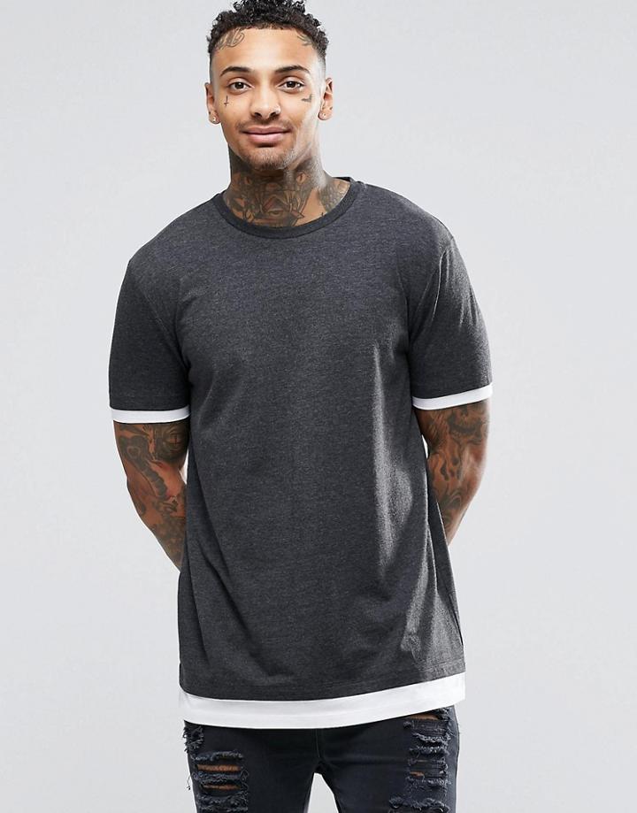 Asos Longline T-shirt With Contrast Cuff And Hem In Charcoal - Charcoal Marl