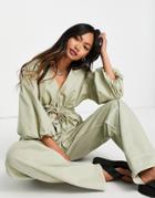 Asos Design Tie Waist Kimono Top With Puff Sleeves In Khaki-green