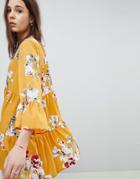 Qed London Frill Detail Smock Dress In Floral Print - Yellow