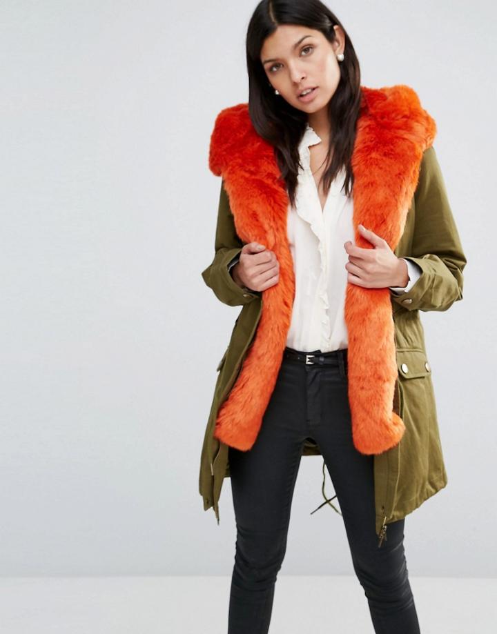 Little Mistress Hooded Parka With Contrast Faux Fur Lining - Green