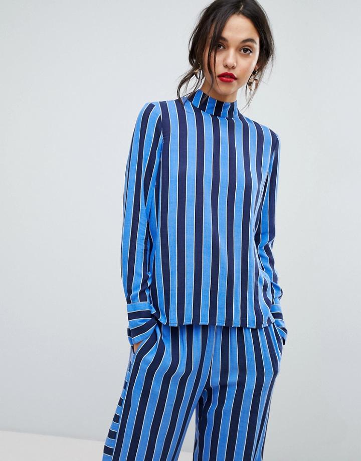 Y.a.s High Neck Striped Woven Top - Blue