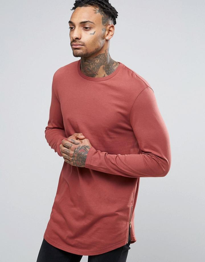 Asos Super Longline Long Sleeve T-shirt With Curved Hem And Zips In Re