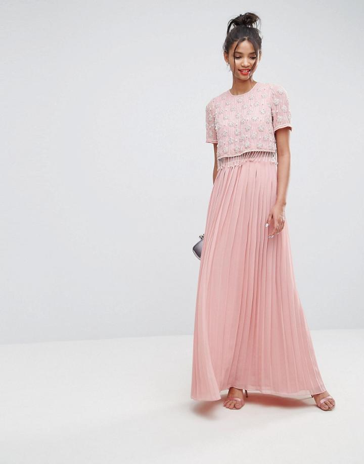 Asos Embellished Short Sleeve Pleated Maxi Dress - Pink