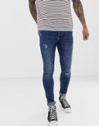 Only & Sons Super Skinny Fit Knee Rip Jeans In Mid Blue Wash