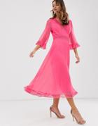 Asos Design Pleated Midi Dress With Lace Inserts-pink