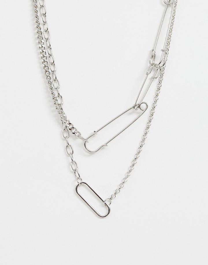 Asos Design Multirow Necklace With Safety Pin Pendants And Hardware Chains In Silver Tone - Silver