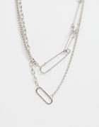Asos Design Multirow Necklace With Safety Pin Pendants And Hardware Chains In Silver Tone - Silver