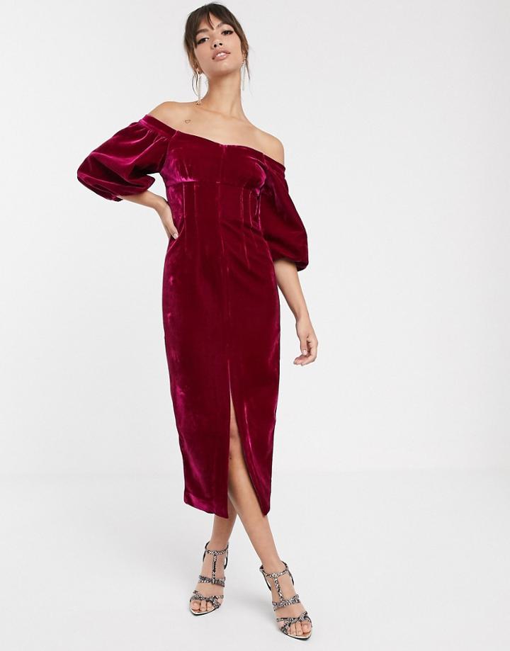 Asos Edition Off Shoulder Puff Sleeve Pencil Dress In Velvet-pink