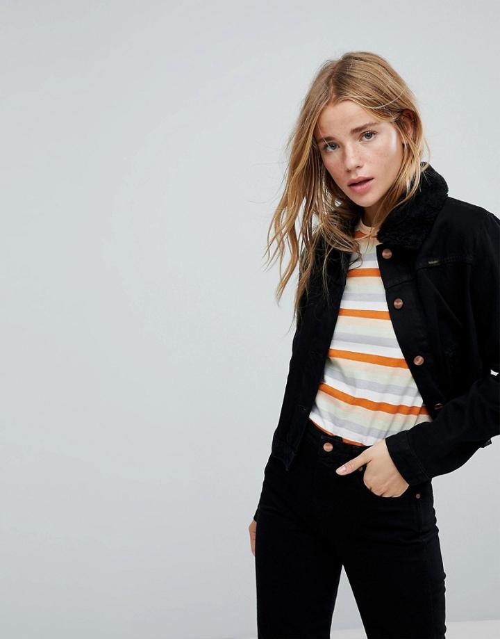 Wrangler Cropped Denim Jacket With Fleece Collar - Black
