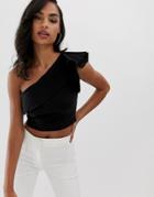 Vesper One Shoulder Crop Top With Frill Detail In Black - Black