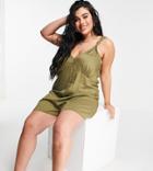 Asos Design Curve V Neck Tie Shoulder Swing Romper In Khaki-green