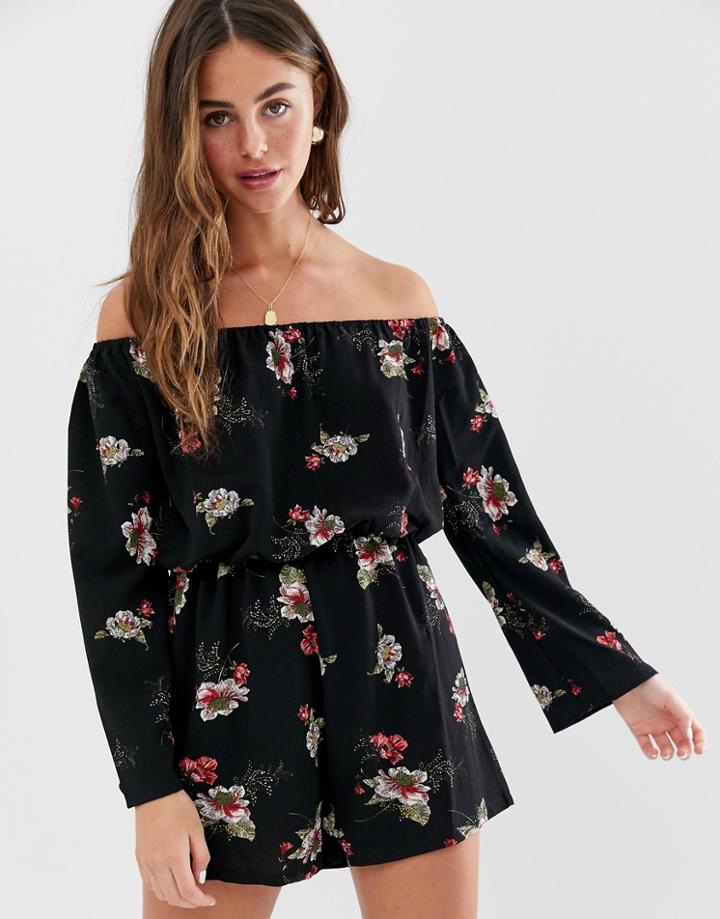 Brave Soul Grace Off Shoulder Romper In Floral Print-black