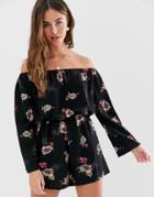 Brave Soul Grace Off Shoulder Romper In Floral Print-black
