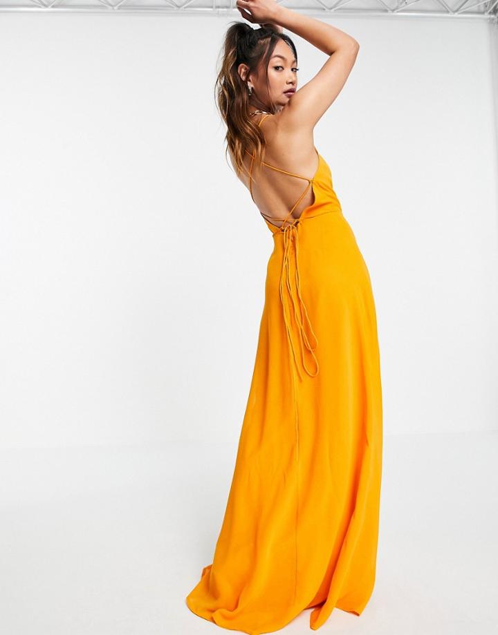 Asos Design Cami Wrap Maxi Dress With Lace Up Back-orange