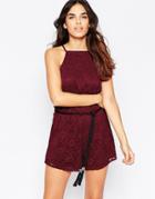 Oh My Love Lace Romper With Tasseled Rope Belt - Burgundy