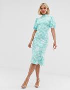 Asos Design Ditsy Print Midi Tea Dress With Puff Sleeves-multi