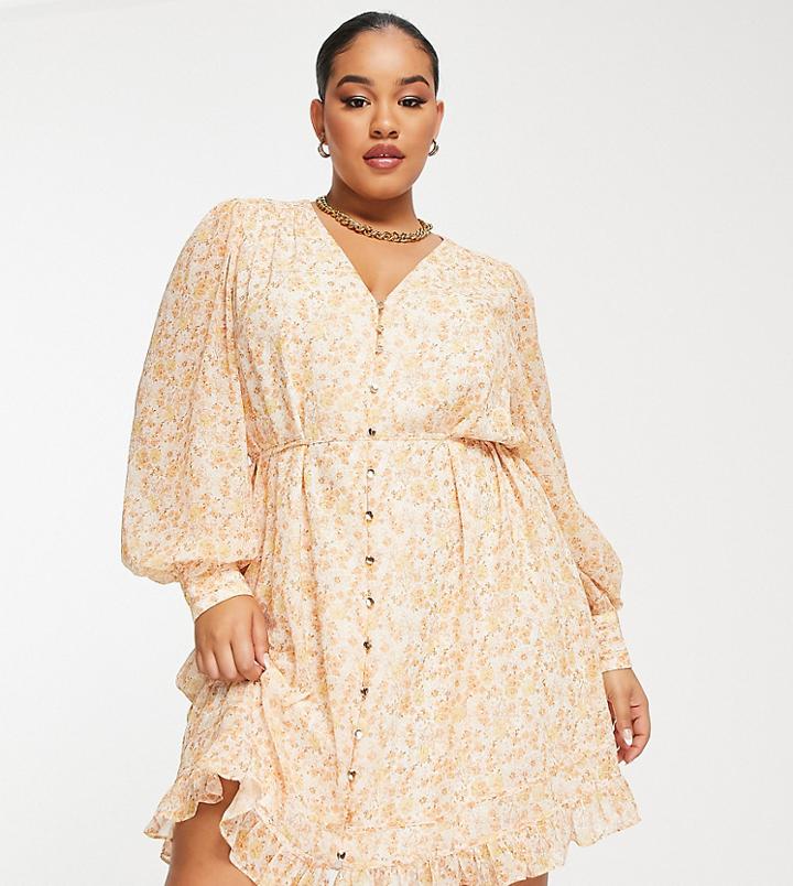 Ever New Curve Flippy Hem Mini Tea Dress In Peach Ditsy Floral-orange