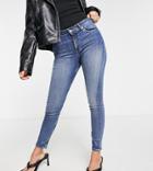 Asos Design Petite High Rise Ridley 'skinny' Jeans In Authentic Midwash-blues