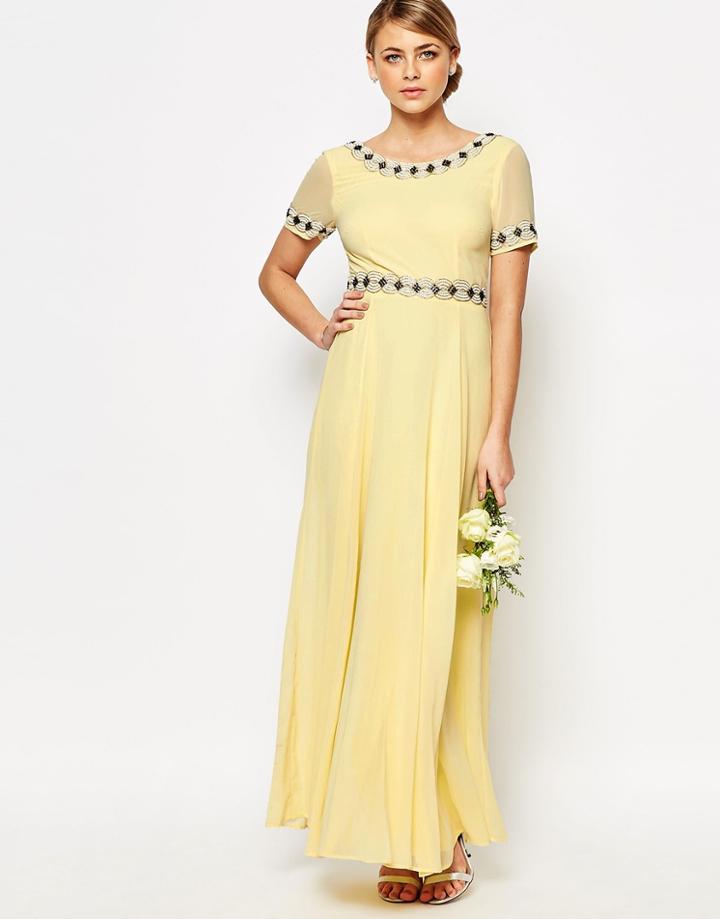 Maya Deep Back Maxi Dress With Full Skirt And Embellishment - Pastel Yellow