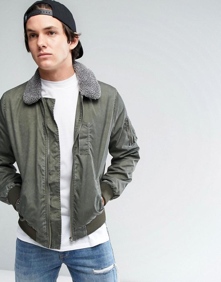 Asos Washed Bomber Jacket With Fleece Collar In Khaki - Green