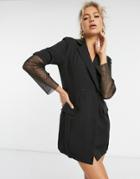 Saint Genies Tuxedo Blazer Dress With Diamonte Net Sleeve Detail In Black
