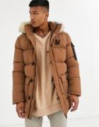 Siksilk Puffer Parka Jacket With Faux Fur Hood In Rust-brown