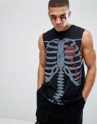 Asos Halloween Burn Out Sleeveless T-shirt With Dropped Armhole And Rib Cage Print - Black