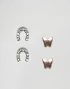 Asos Pack Of 4 Rose Gold Plated And Sterling Silver Butterfly Horseshoe Stud Earrings - Multi