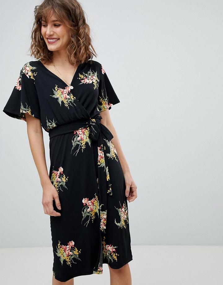 Warehouse Tropical Bunch Floral Print Dress - Black