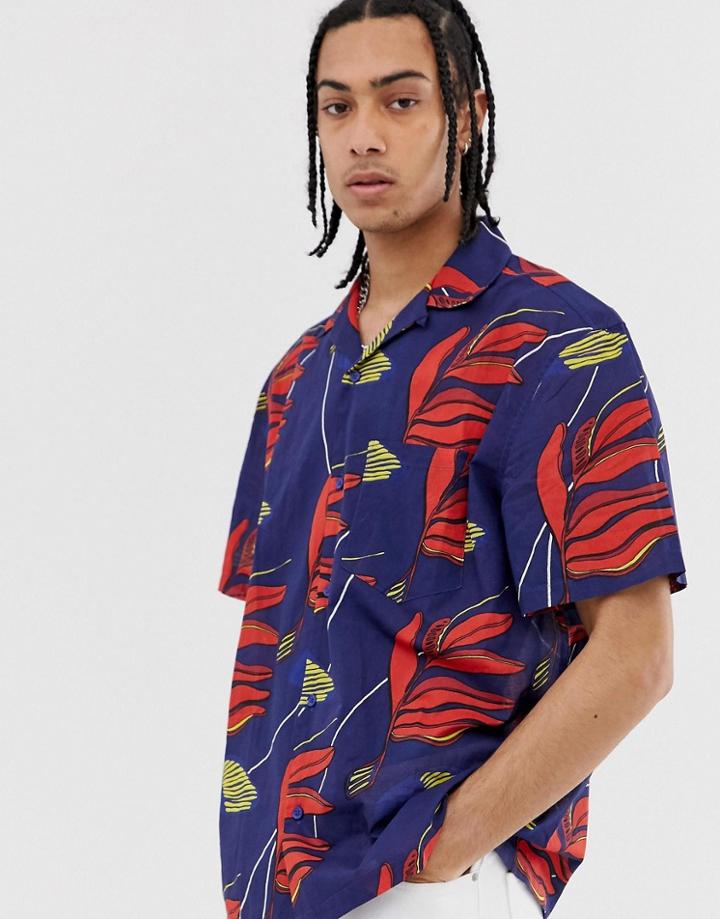 Weekday Skyway Hawaiian Print Shirt In Dark Blue - Blue