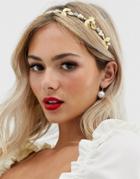 Asos Design Occasion Headband With Gold Leaf And Pearls - Gold