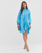 Asos Design Satin Midi Dress With Scarf Neck And With Extreme Sleeve-blue