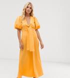 Y.a.s Cotton Volume Sleeve Tie Front Midi Dress In Marigold