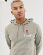 Asos Design Longline Hoodie With Rose Print In Light Khaki - Green