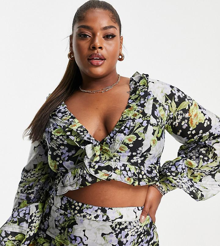Asos Design Curve Set Ruffle Detail Crop Top In Dark Floral-multi