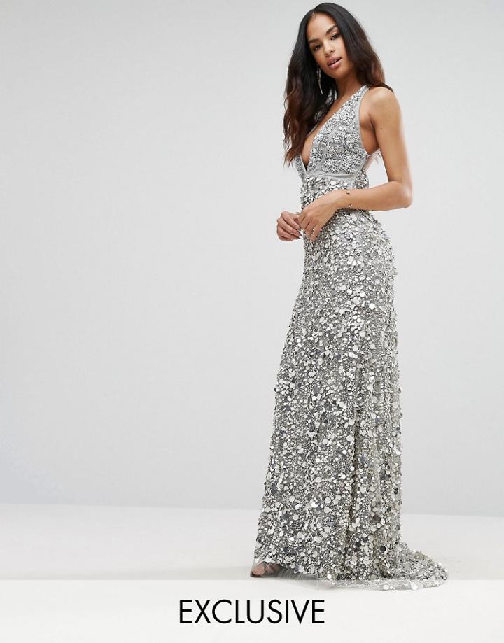 A Star Is Born Plunge Embellished Maxi Dress With Train - Silver