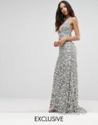 A Star Is Born Plunge Embellished Maxi Dress With Train - Silver