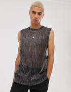 Asos Design Relaxed Sleeveless T-shirt With Dropped Armhole In Sparkly Mesh - Silver