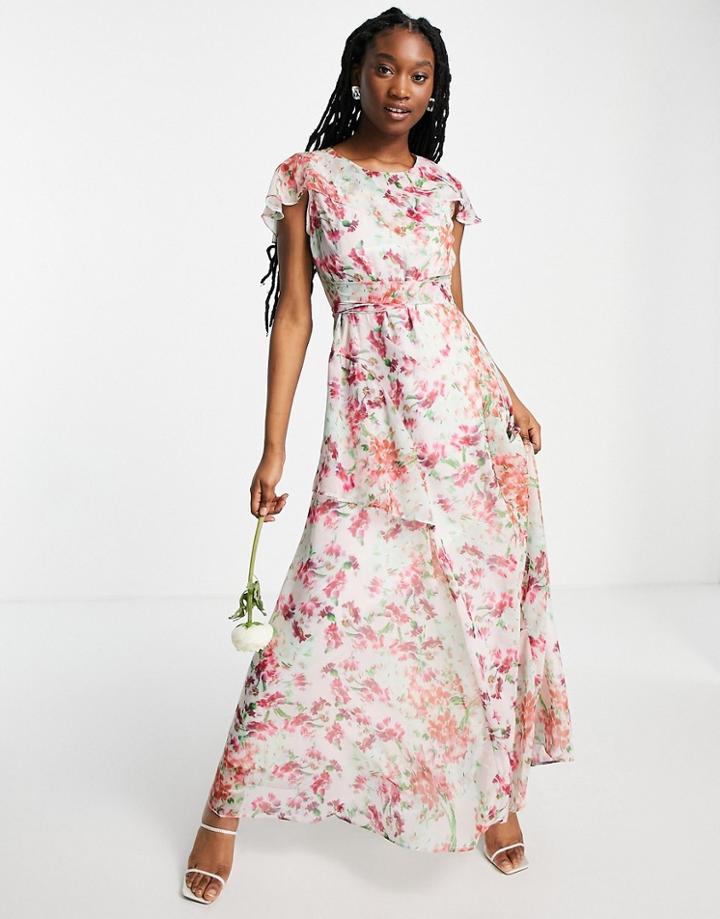 Hope & Ivy Flutter Sleeve Ruffle Maxi Dress In Cream Fuchsia Floral-white