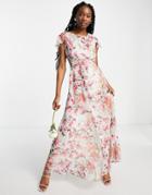 Hope & Ivy Flutter Sleeve Ruffle Maxi Dress In Cream Fuchsia Floral-white