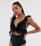 Peek & Beau Fuller Bust Exclusive Eco Frill Swimsuit In Black D-f - Black