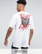 Asos Tall Oversized Super Longline T-shirt With Tiger Print And Roll Sleeve - White