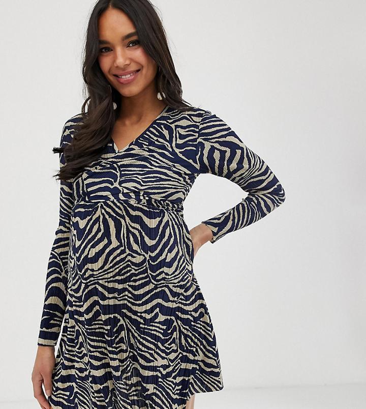 Asos Design Maternity Exclusive Nursing Mini Plisse Skater Dress With Crop Layer In Animal Print-multi