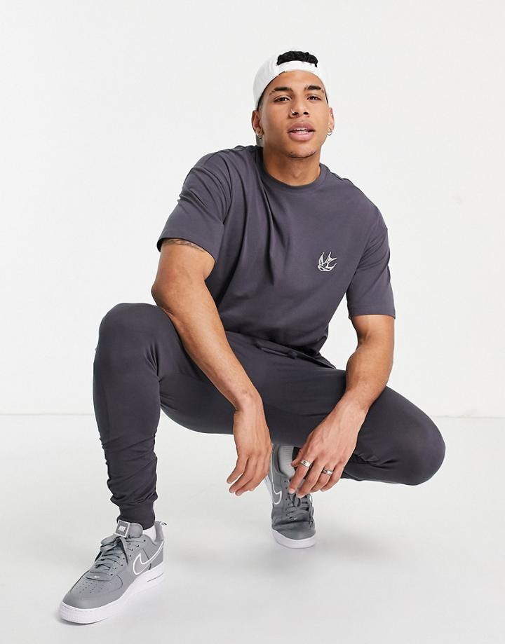 New Look Oversized T-shirt With Swallow Embroidery In Dark Gray-grey