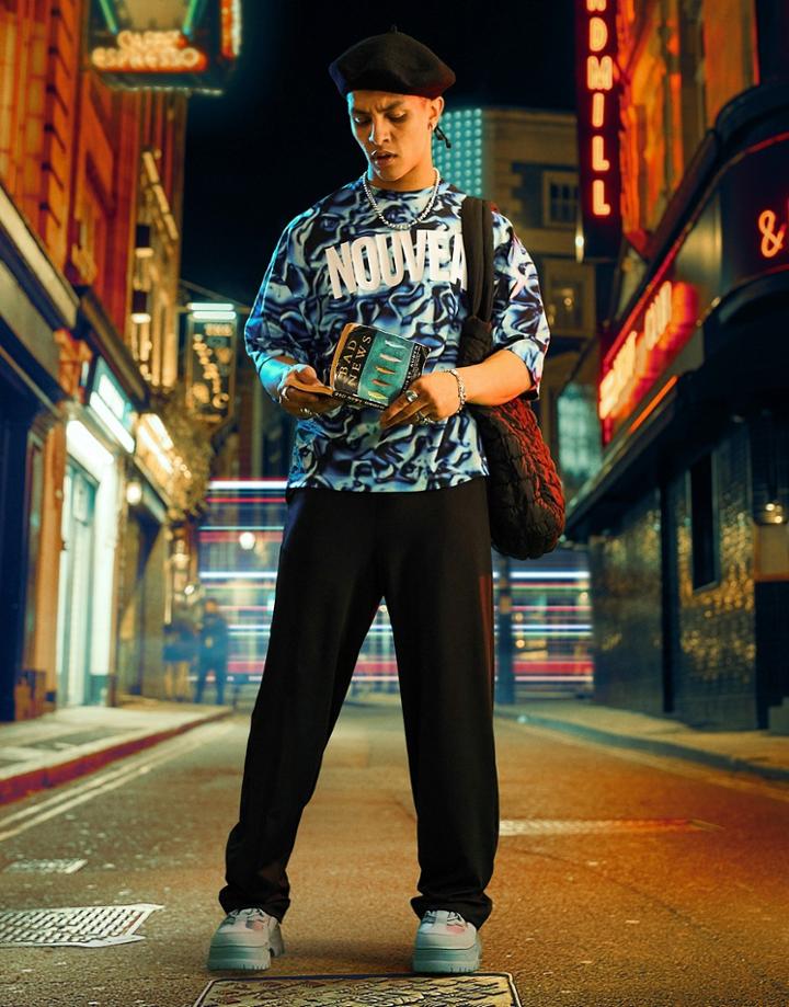 Asos Design Oversized T-shirt In Oil Slick All-over Print With Text Print-blues