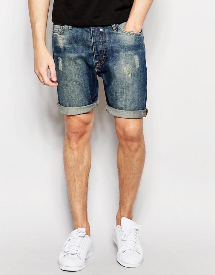 Brave Soul Dark Distressed Denim Shorts - Blue